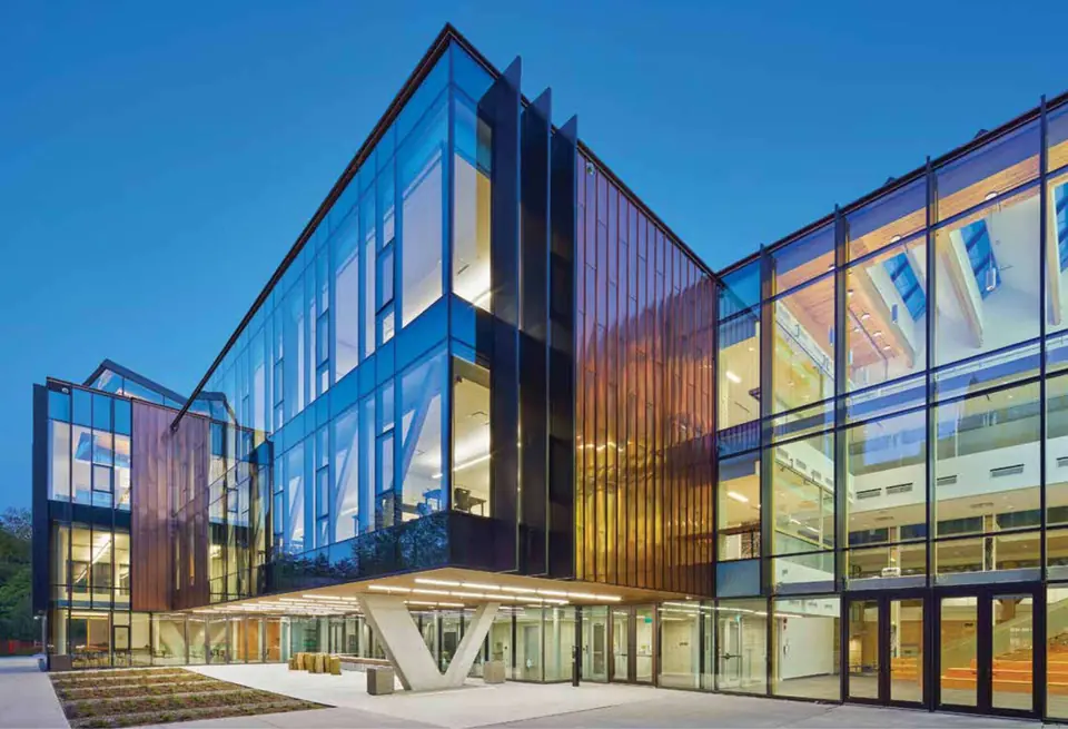 Glass and copper-toned metal institutional building