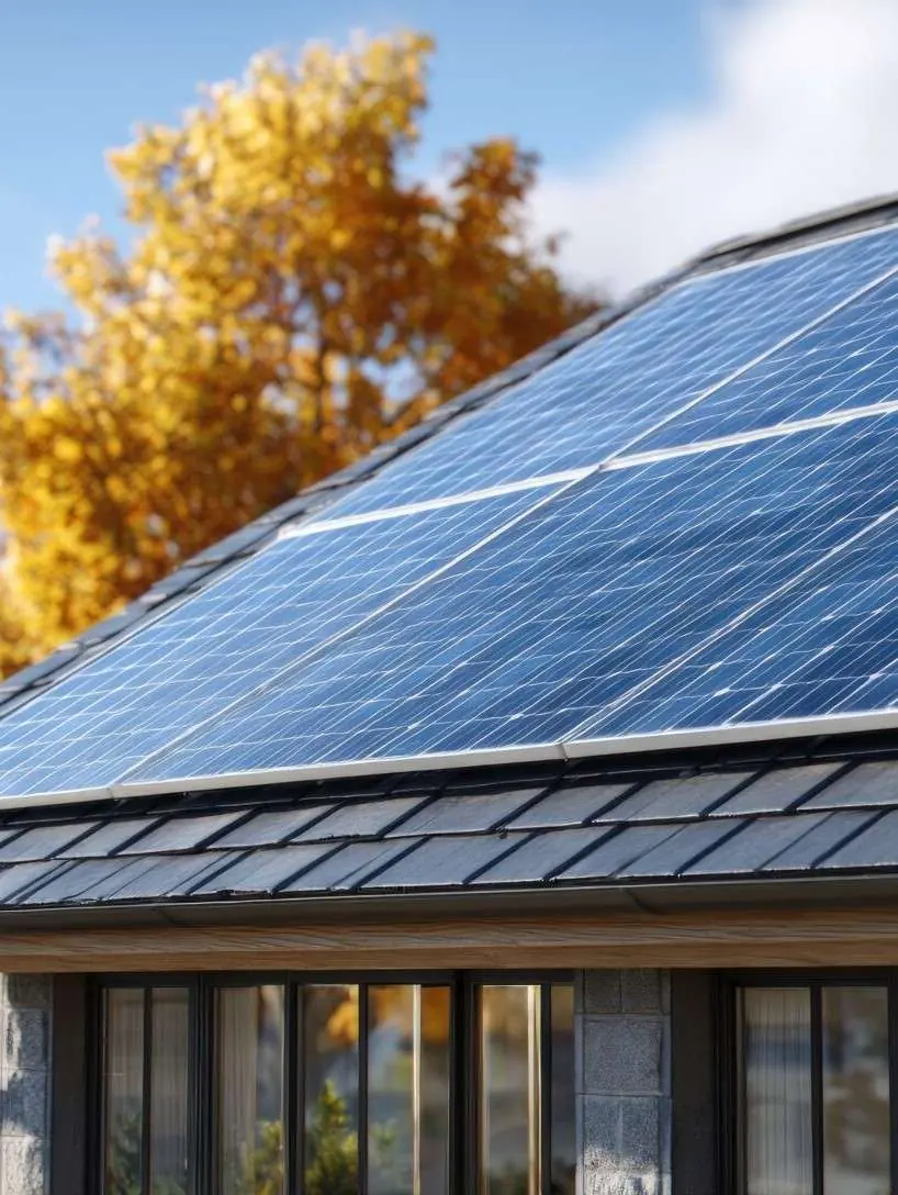 Residential rooftop solar panels in autumn