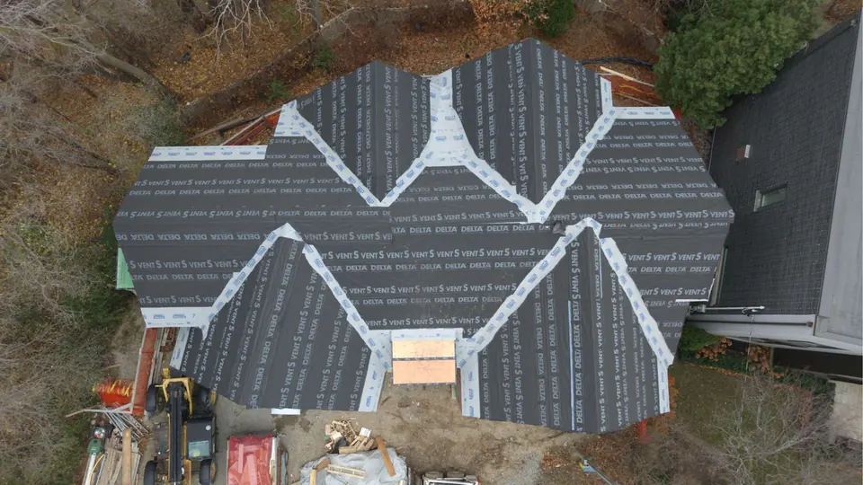 Overhead view of the roof deck with membrane installed