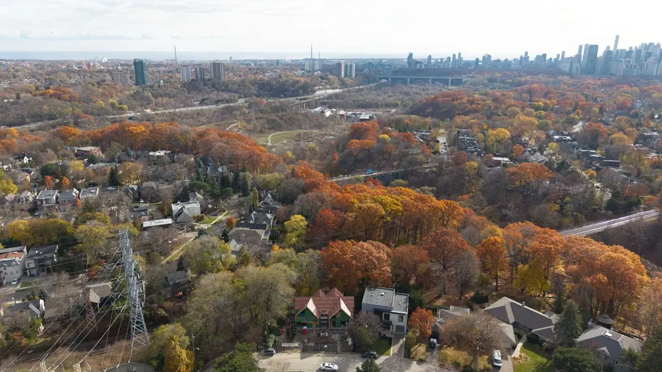 Drone view of the Toronto neighbourhood in autumn